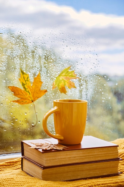 Taza de té, libros, hojas de otoño y velas en el alféizar de la ventana en casa