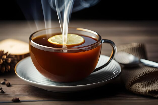 una taza de té con limón y canela en un platillo.