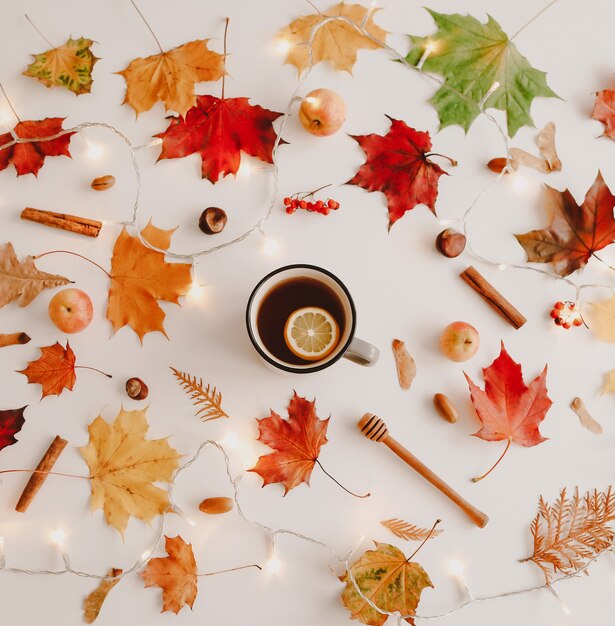 Taza de té de limón en el marco de hojas de color naranja y rojo creativo patrón de otoño postal copia espacio vista superior