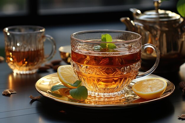 Una taza de té con limón y menta y canela en el postre blanco té generativo IA