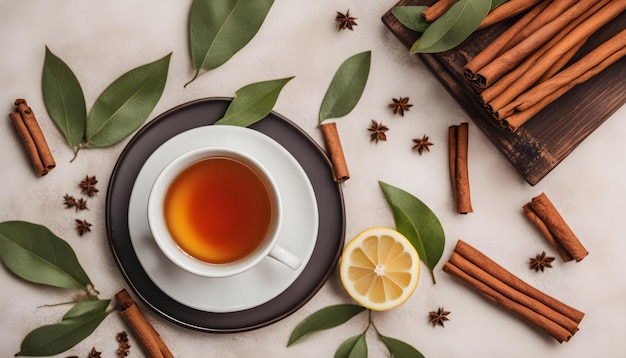 una taza de té y un limón en una mesa