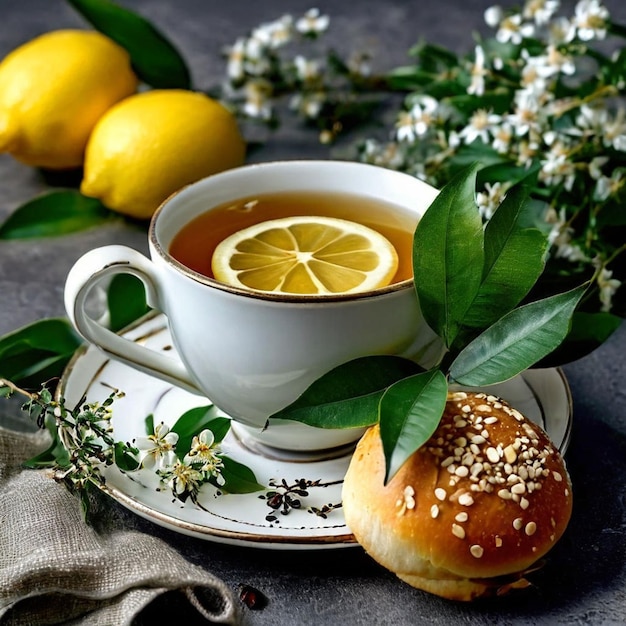 Taza de té con limón y panes con semillas de sésamo en un fondo gris