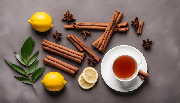 una taza de té limones canela y limones están en una mesa