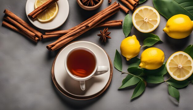 Foto una taza de té y limones con una hoja verde en él