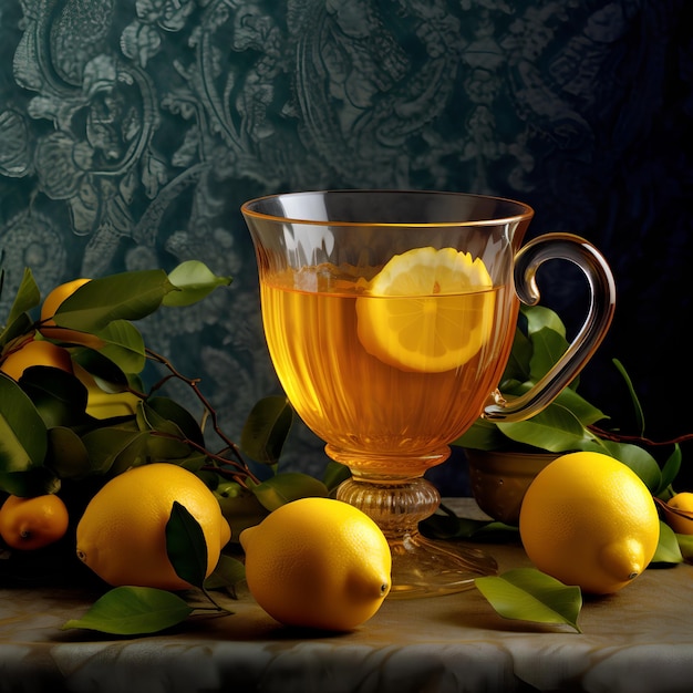 Una taza de té con limones y un limón al lado.