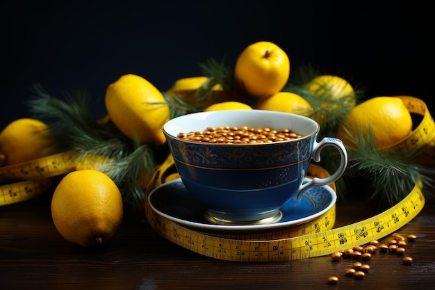 Taza de té y limones en una mesa de madera