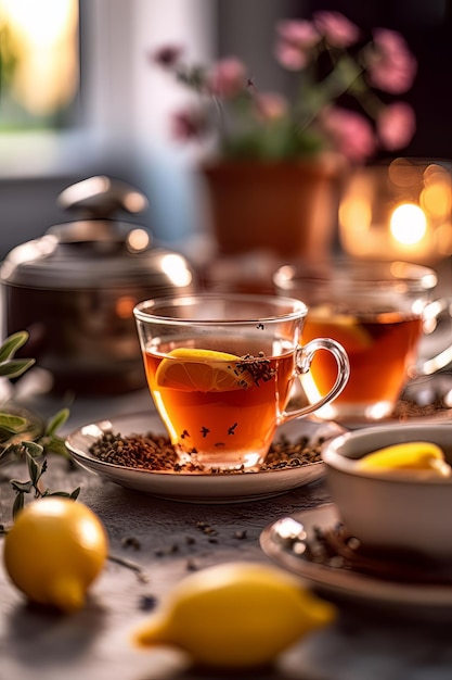 Una taza de té con limones en una mesa con una vela al fondo