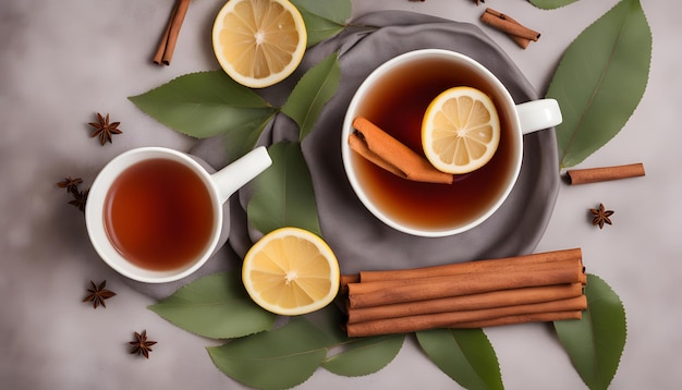 una taza de té con limones y palitos de canela