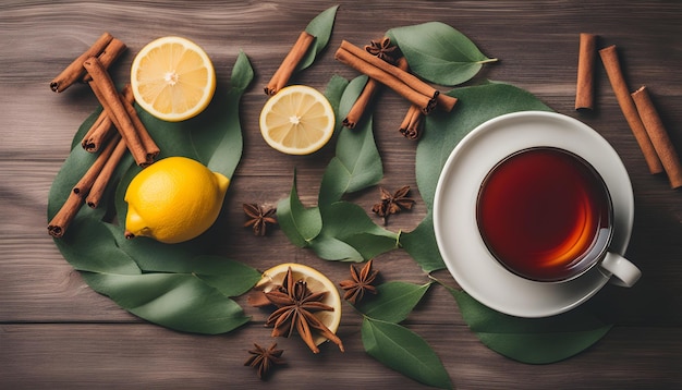 Una taza de té con limones y una taza de te.