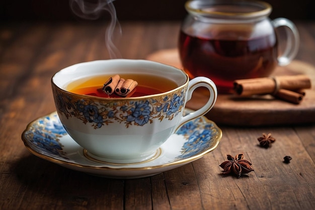 Una taza de té llena de té aromático de canela