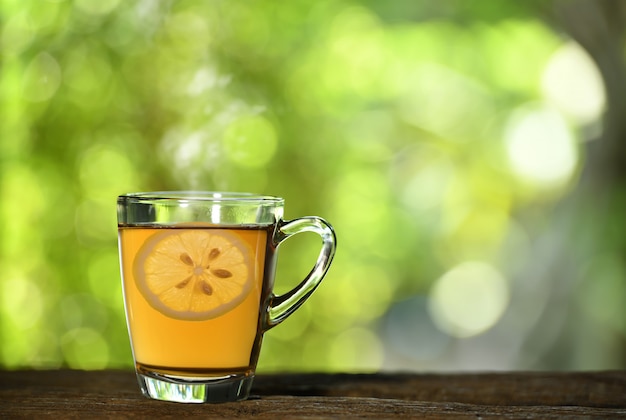 Taza de té por la mañana con humo en el fondo de la naturaleza