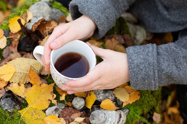 Taza de té en la mano al aire libre. Caminar en el bosque otoñal - Imagen