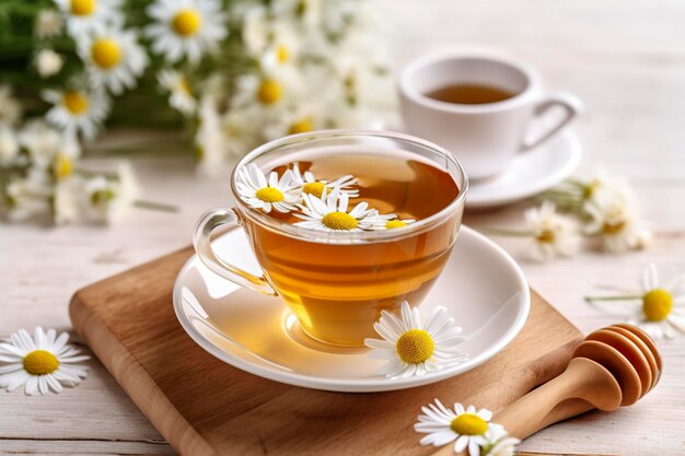 Taza de té de manzanilla caliente sobre fondo de madera clara IA generativa