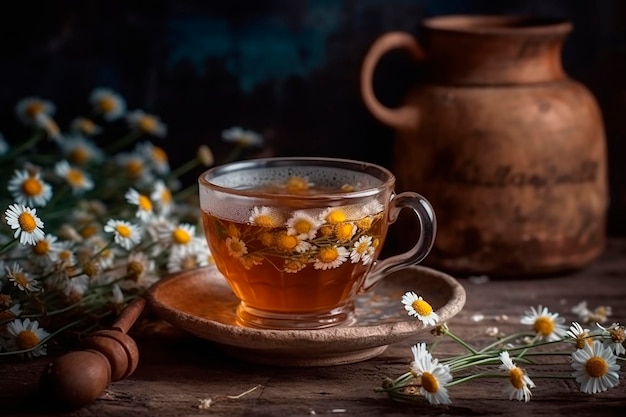 Una taza de té de manzanilla con un palito de canela al lado