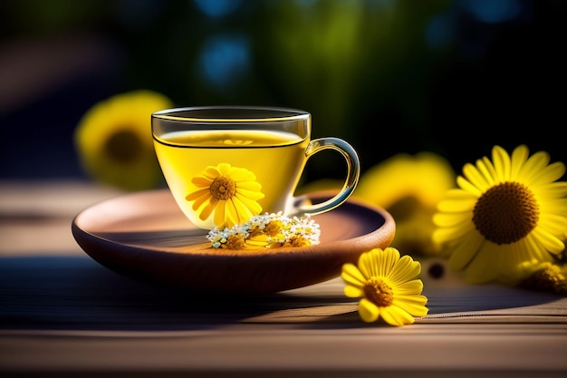 Una taza de té de manzanilla se sienta en una mesa de madera con flores amarillas.