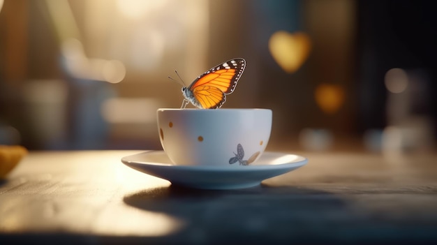 Una taza de té con una mariposa encima.