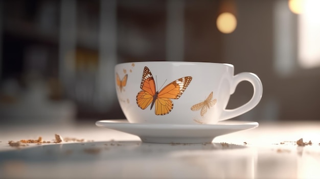 Una taza de té con una mariposa encima.