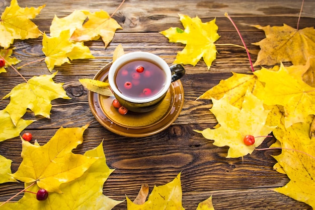 Taza de té marrón decorada con hojas de fresno y frutos rojos.
