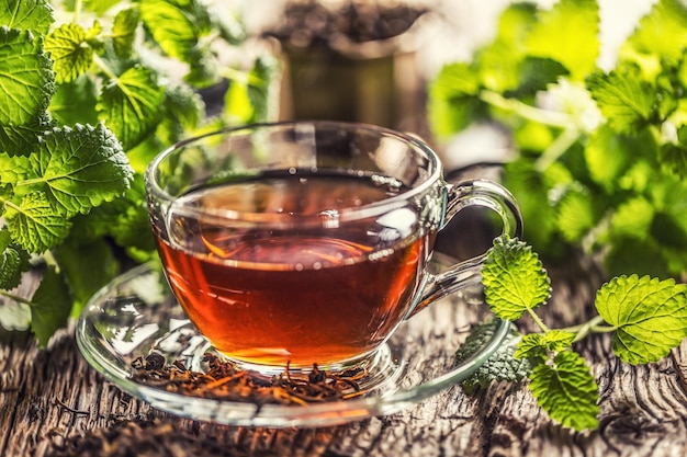 Foto una taza de té de melisa con hierbas en una mesa de madera