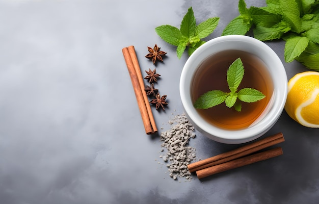 taza de té menta hierba canela vainilla en el fondo de nieve gris vista de arriba