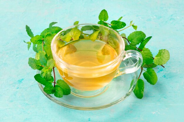 Taza de té de menta con hojas de menta vibrantes sobre un fondo azul