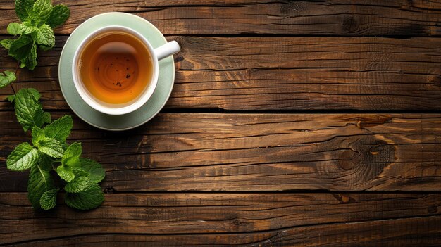 Taza de té y menta sobre un fondo de madera