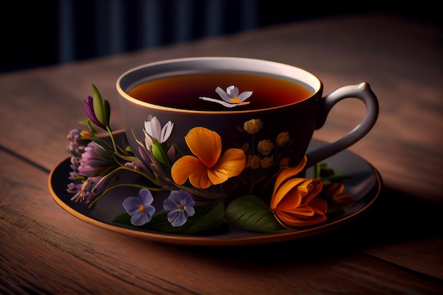 Taza de té en una mesa de madera con flores y hojas ai generativo