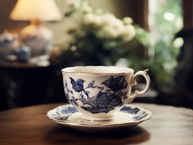 Una taza de té en una mesa de madera con un fondo verde