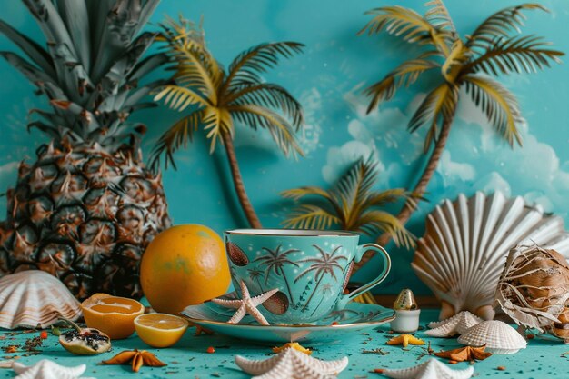 Foto una taza de té con una mezcla de té de frutas y una escena de playa