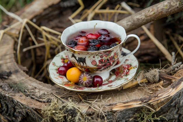 Una taza de té con una mezcla de té de frutas y una galleta