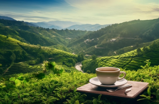 taza de té en las montañas es una foto de té de montaña