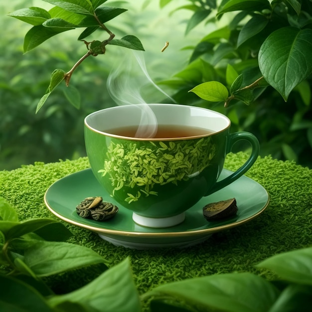 taza de té entre un montón de hojas de té verde