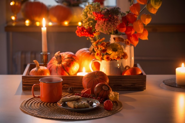 Taza de té naranja y decoración otoñal con flores de calabaza y velas encendidas en la mesa