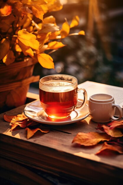 Taza de té negro con libros y hojas de otoño Generado por IA