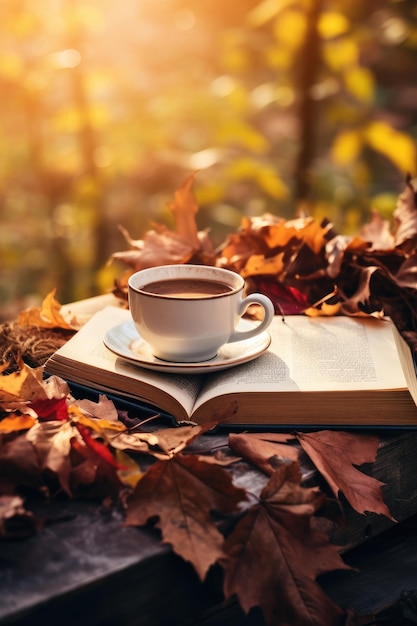 Taza de té negro con libros y hojas de otoño Generado por IA