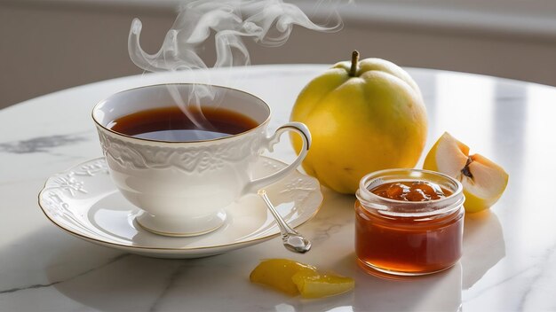 Una taza de té negro, quince, fruta y mermelada en una mesa de mármol.