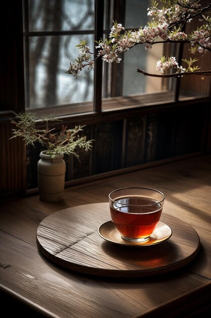 Foto una taza de té por la noche en la parte superior de una mesa de madera junto a la ventana