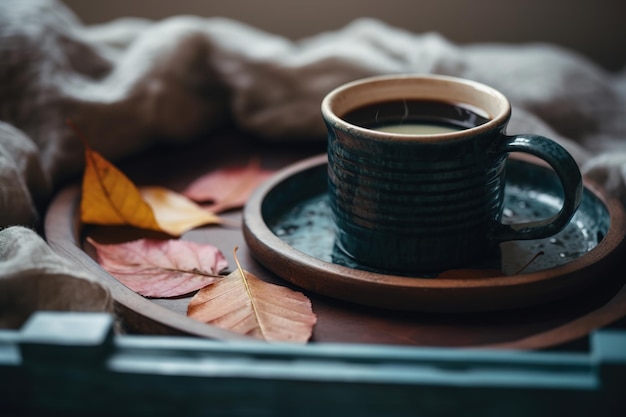 Taza de té o café con coloridas hojas caídas en una bandeja de madera rústica sobre ropa de cama