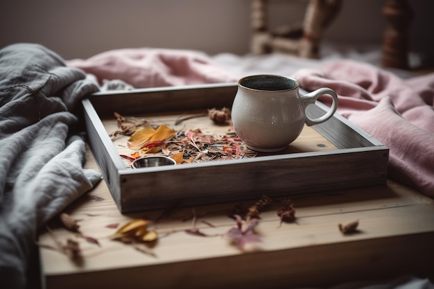 Taza de té o café con coloridas hojas caídas en una bandeja de madera rústica sobre ropa de cama