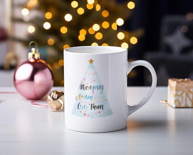 Taza de té o café con decoración navideña en el fondo