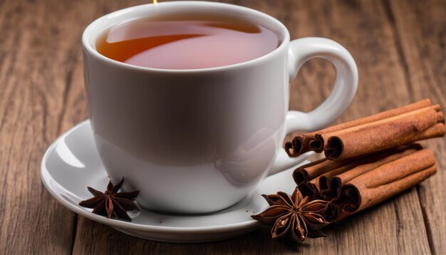 Foto una taza de té con palitos de canela y anís estrella