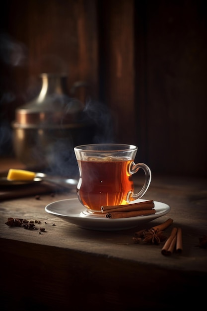 Una taza de té con palitos de canela en una mesa