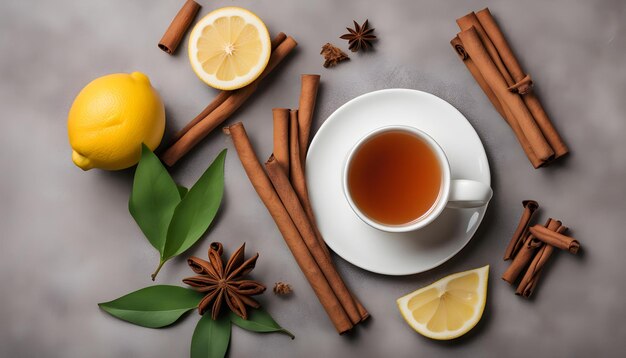 una taza de té con palitos de canela y palitos de cannela en una mesa