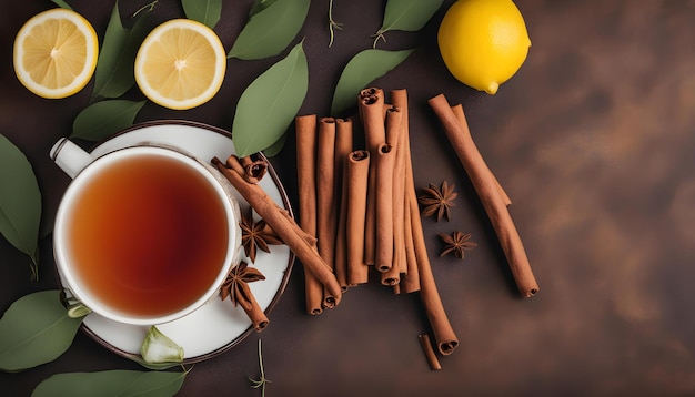 una taza de té con palitos de canela y palitos de cannela en una mesa