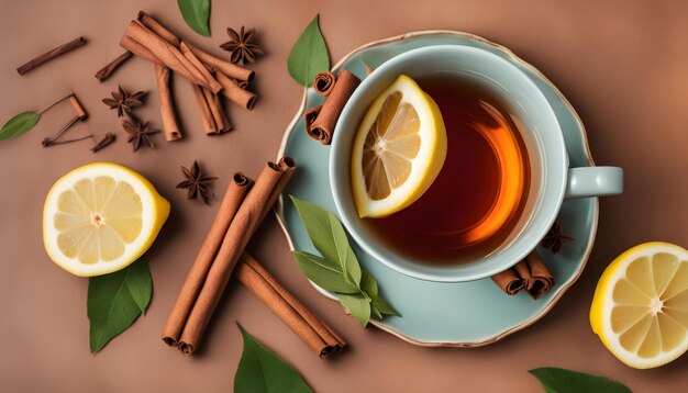 una taza de té con palitos de canela y palitos de cannela