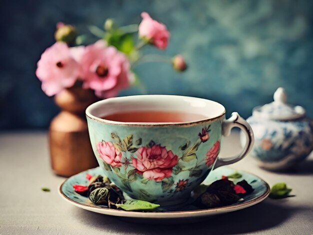 Foto taza de té con un patrón floral