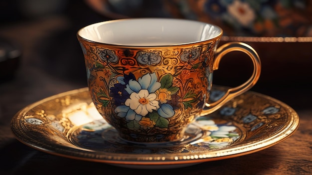 Una taza de té con un patrón floral