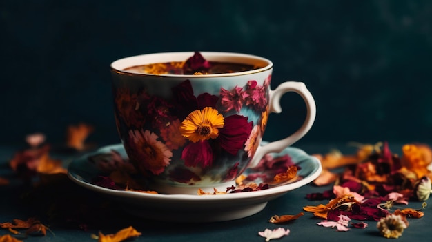 Una taza de té con un patrón floral