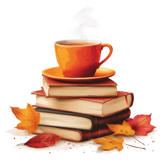 Una taza de té en la pila de libros Una acogedora ilustración de otoño