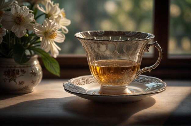 Foto una taza de té y un platillo con una flor en el fondo